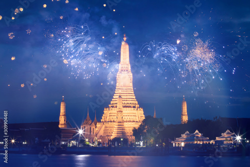 Wat Arun temple in bangkok with fireworks. New year and holiday concept. © erika8213