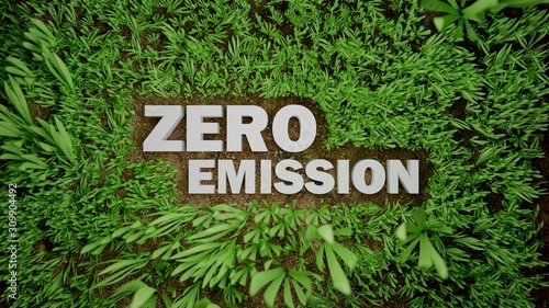 Zero Emission, white text surrounding grass on soil background, 3d illustration
