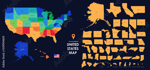 Detailed map of the USA, each state is signed and highlighted, the states are located on the largest territory, Colorful infographic of the United States of America, vector illustration photo