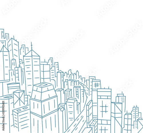 City line sketch. Copy space. Skyscrapers vector line contour. Place for text. Diagonal of half a paper. Hand drawn vector.