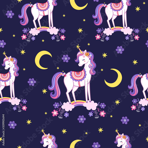 Vector seamless illustration with unicorns. Background picture with a mythical animal.