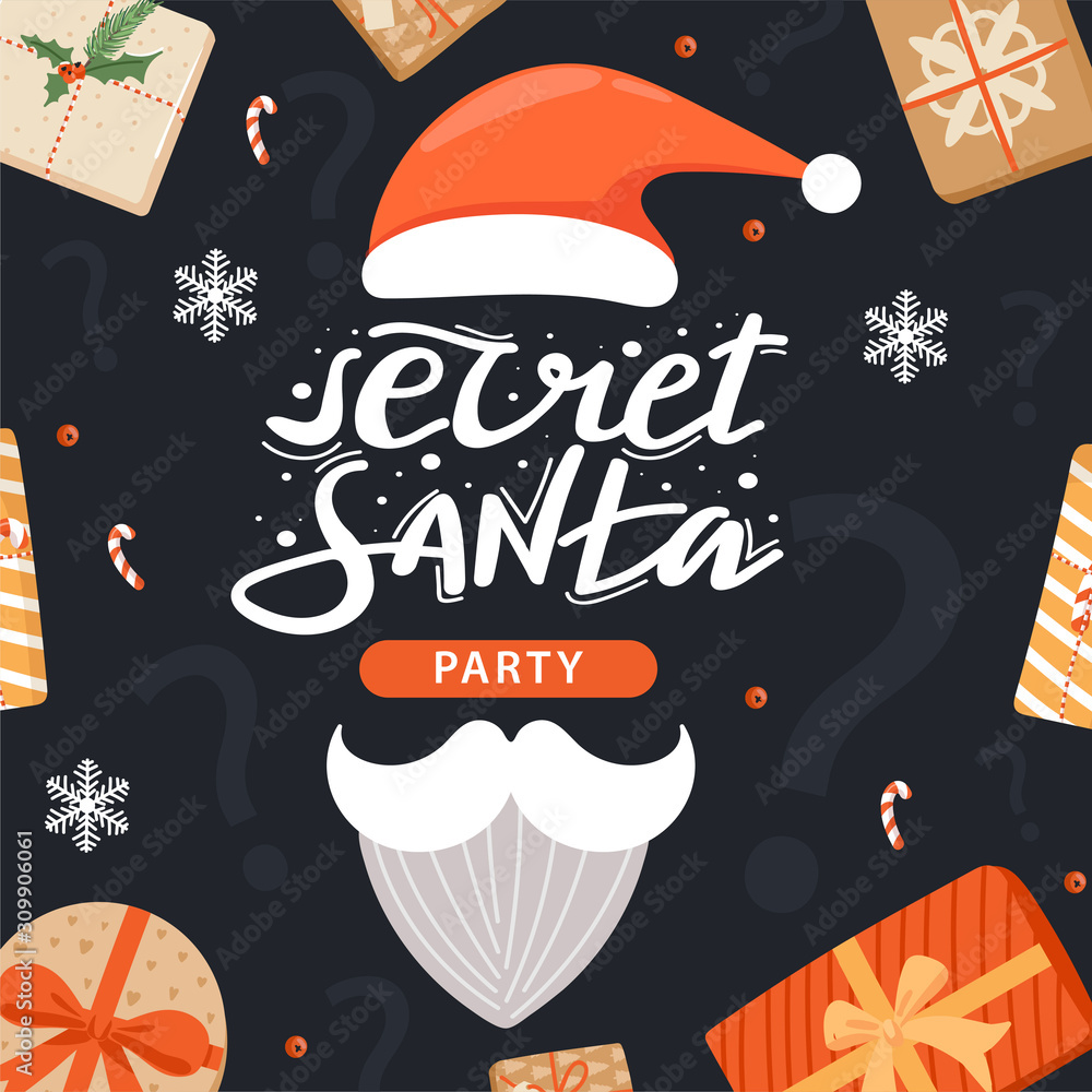 Secret Santa Claus cards set. Merry Christmas and Happy New Year banner  template or invitation with white beard and moustache, red Santa suit and  bag with gifts. Flat vector illustration. 4892189 Vector