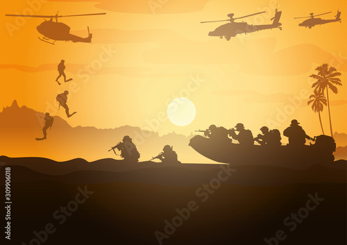 Military vector illustration, Army background, soldiers silhouettes. 