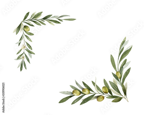 Watercolor vector wreath of olive branches and lemon.
