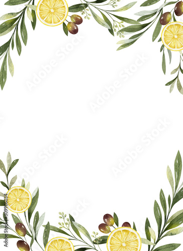 Watercolor vector frame of olive branches and lemon.