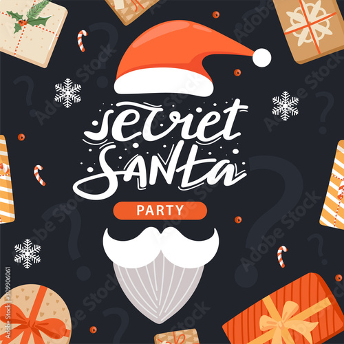 Secret Santa invitation template. Santa Claus hat, moustache and beard with gift and lettering. Design concept for invitation, poster, banner etc. Vector.