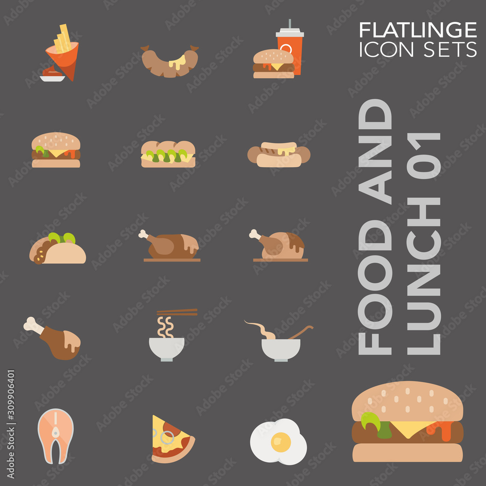 High quality colorful icons of food and lunch. Flatlinge are the best pictogram pack, unique design for all dimensions and devices. Vector graphic, Logo, symbol and website content.