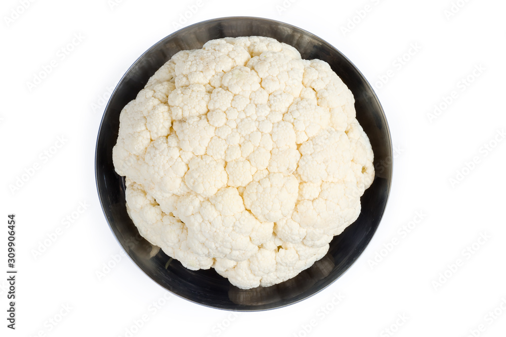 Top view of raw cauliflower in stainless steel bowl Top view of raw cauliflower in stainless steel bowl