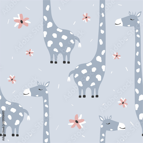 Giraffes, flowers, hand drawn backdrop. Colorful seamless pattern with animals. Decorative cute wallpaper, good for printing. Overlapping background vector. Design illustration