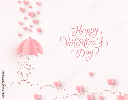 Hearts with woman holding umbrella. Paper flying elements on pink background. Vector symbols of love for Happy Valentine's Day greeting card design..