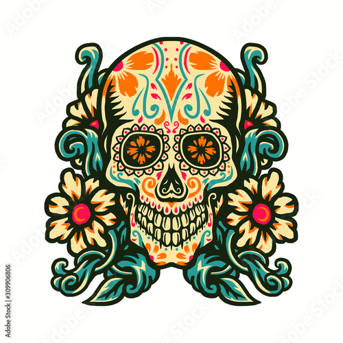 Vector illustration of sugar skull with flower border