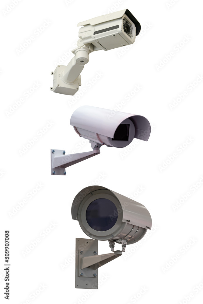Three modern video cameras to track the situation at the object on a white background. Vertically