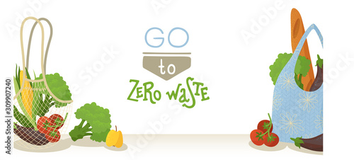 Reusable shopping bags with greens flat vector illustration.