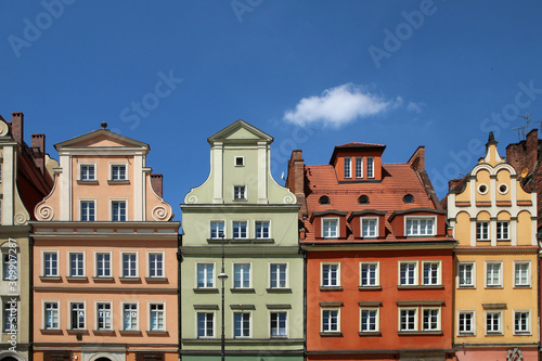 Several old historic houses in Wroclaw in Poland and their colorful facades. 
