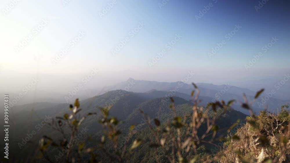 landscape mountains forests sky in the evening sunset