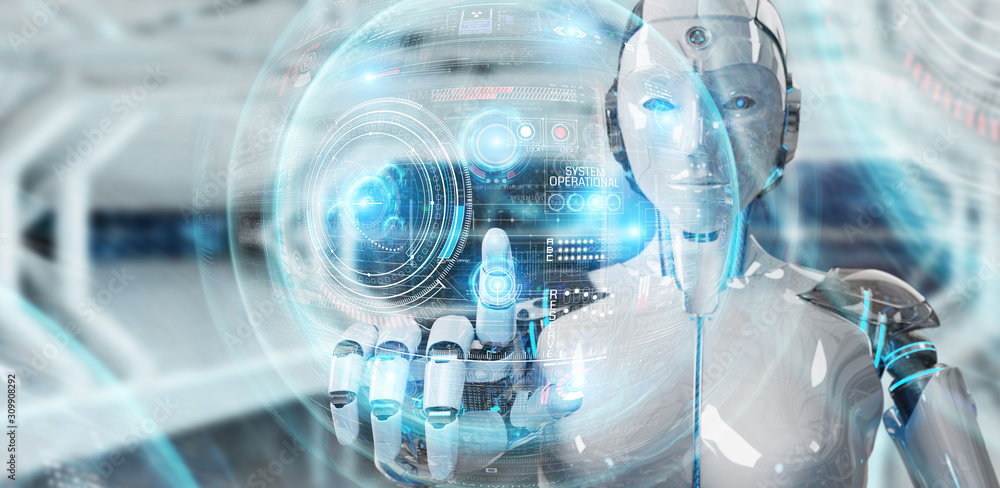 White humanoid robot using digital technological interface with datas 3D rendering White humanoid robot using digital technological interface with datas 3D rendering