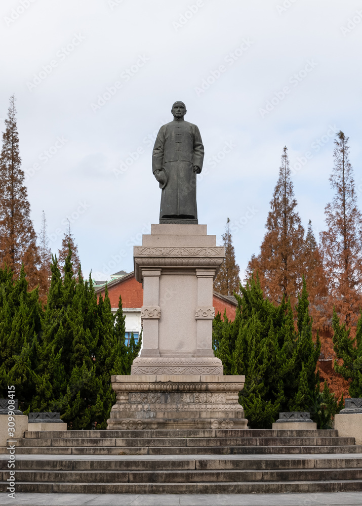 Bronze statue of Sun Yat-sen on campus of Shanghai University of Sport, Wujiaochang, Yangpu, Shanghai, China. Destroyed Japanese army in 1937 and rebuilt on original site in 2009.