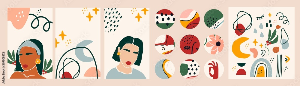 Female portraits. Paper cut mosaic style. Modern illustrations. Social media backgrounds. SmartPhone wallpapers, round icons. Abstract shapes and objects. Highlight covers. Hand drawn big vector set