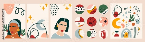 Female portraits. Paper cut mosaic style. Modern illustrations. Social media backgrounds. SmartPhone wallpapers, round icons. Abstract shapes and objects. Highlight covers. Hand drawn big vector set