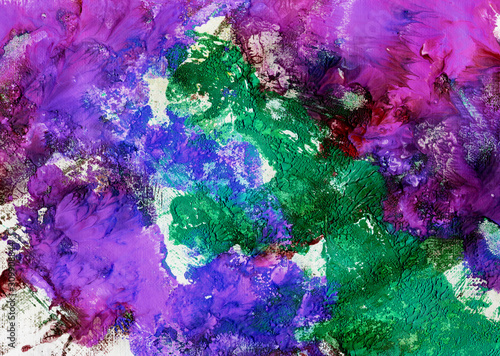 Abstract background, hand-painted texture, gouashe painting, splashes, drops of paint, paint smears. Design for backgrounds, wallpapers, covers and packaging. Magenta, pink, cyane. photo