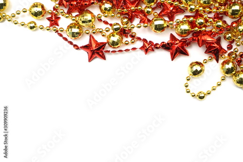 Holiday background Christmas garland Red and gold decoration on white background