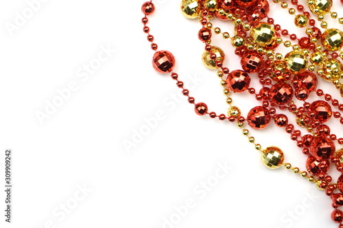 Holiday background Christmas garland Red and gold decoration on white background
