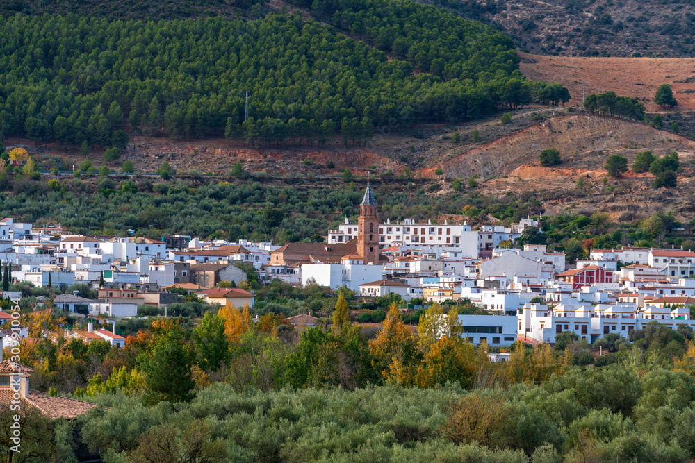 The town of La Alpujarra de Fondon, with its typical church tower