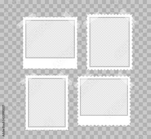 Photo Frame Template for your photos. Photo frame with adhesive tape. Blank White picture frames on transparent background for gallery. Empty mockup for website, advertising, interior, simple image