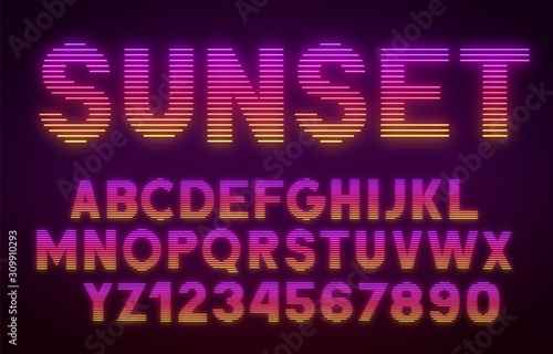 Futuristic retrowave font. Striped gradient glowing letters and numbers on dark background .