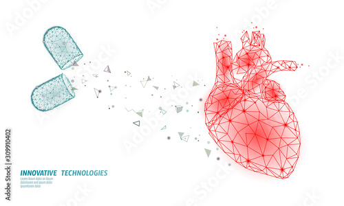 3D medicine heart medicine treatment. Human health diagnostics vascular organ system pill vitamins. Cardiology heart protect concept. Low poly vector illustration