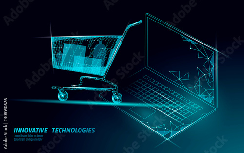 Shopping cart low poly design 3D. Online shop laptop trade market technology. Buy now computer internet marketing payment polygonal banner template. Mobile sale vector illustration