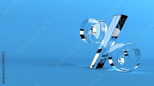 Percentage icon 3D in glass on cyan background 3d illustration