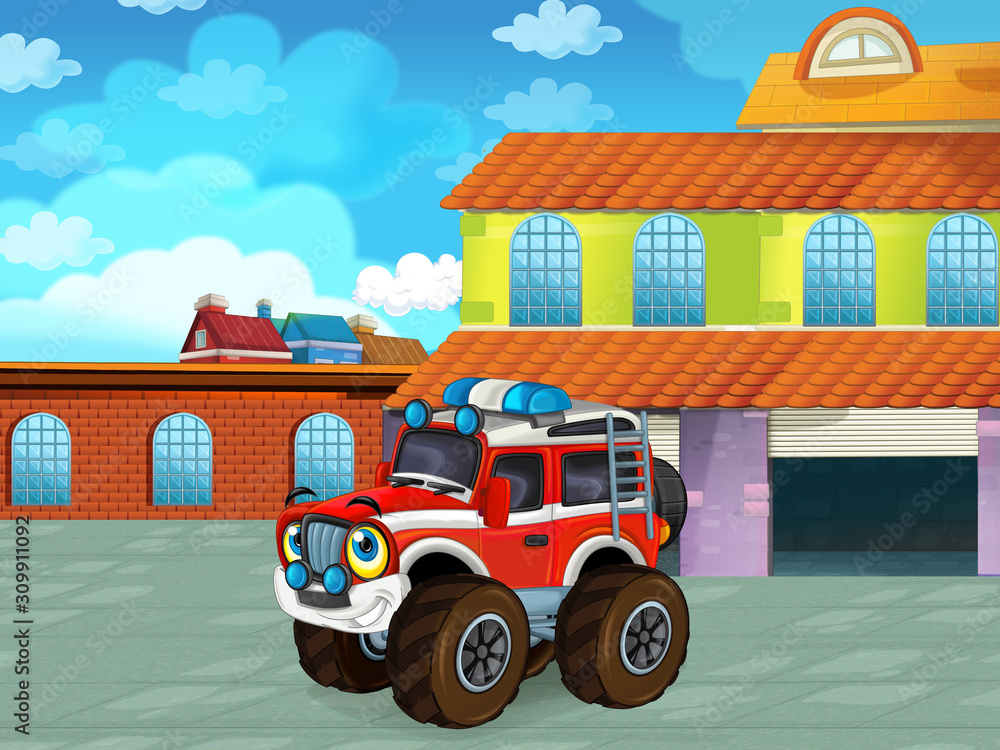 Fototapeta premium cartoon scene with car vehicle on the road near the garage or repair station - illustration for children