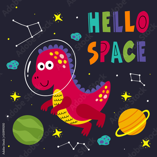poster with a funny dinosaur in space - vector illustration, eps © nataka