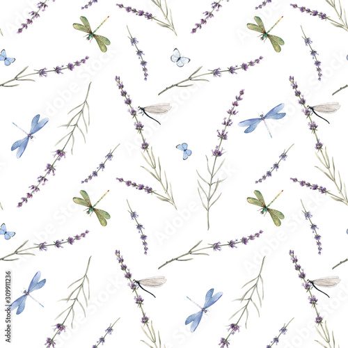 Watercolor seamless pattern with colorful dragonflies and lavanda flowers. Stock illustration. White background.