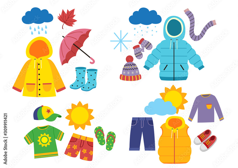 set of children's season clothes vector illustration, eps Stock
