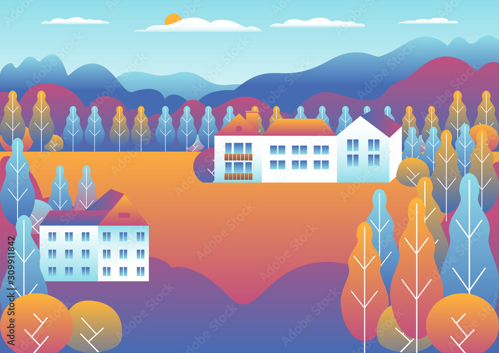 Hills and mountains landscape, house farm in flat style design. Outdoor panorama countryside illustration. Mountains, field, tree, forest, blue sky and sun. Rural location, cartoon vector background