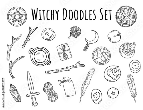 Witchy doodles set. Collection of wiccan witchcraft magical items for occult rituals. Hand drawn pagan elements collection. Occult altar symbols, cauldron, pentacle, athame, boline, candles