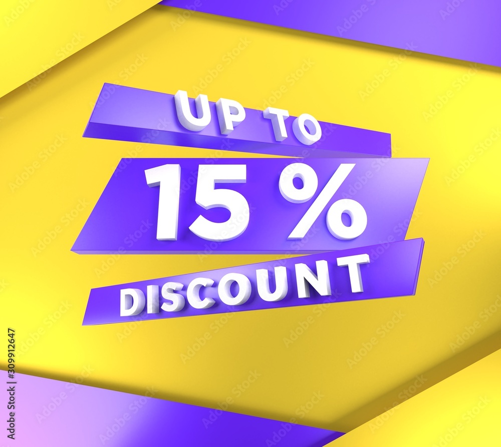 Up to 15 percent off, special offer banner, text on blue purple and yellow background, 3d render Up to 15 percent off, special offer banner, text on blue purple and yellow background, 3d render