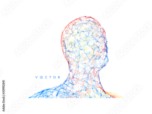 3d human face created in grid style. Artificial intelligence concept. Digital technology background. Vector illustration.