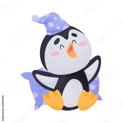 Cartoon Sleepy Penguin Sitting on Pillow and Yawning Vector Illustration