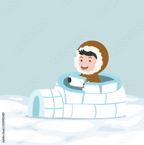 Eskimo building an igloo ice house