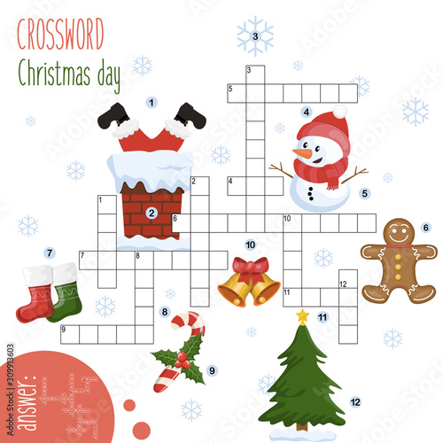 Easy crossword puzzle 'Christmas day', for children in elementary and middle school. Fun way to practice language comprehension and expand vocabulary.Includes answers. Vector illustration.