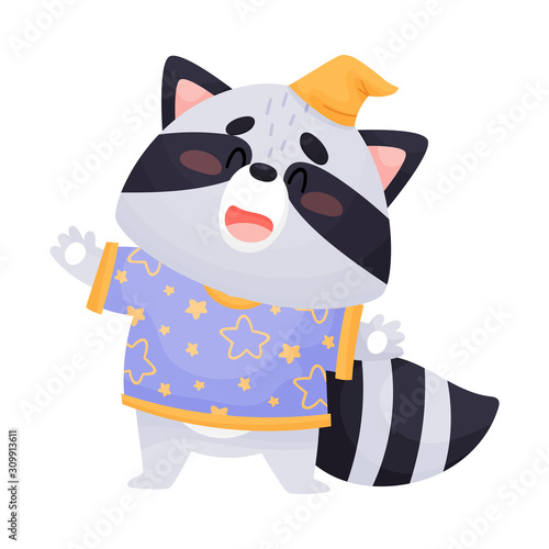 Cartoon Sleepy Raccoon Wearing Night Cap Standing and Yawning Vector Illustration