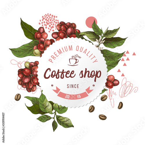 Coffee shop round paper emblem over hand sketched background with coffee plant and beans