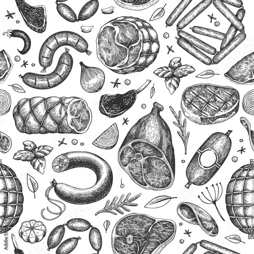 Vintage vector meat products seamless pattern. Hand drawn ham, sausages, jamon, steak, spices and herbs. Raw food ingredients. Retro illustration. Can be use for label, restaurant menu.