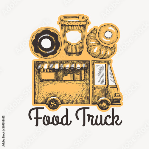 Street food coffee van logo template. Hand drawn vector truck with fast food pastry illustrations. Engraved style donuts and croissant truck retro design.