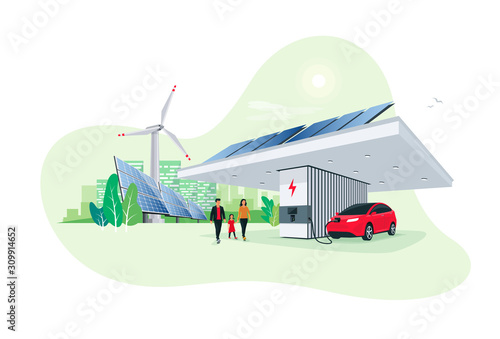 Electric car parking charging at smart modern charger station. Renewable energy storage stand with solar panels wind turbine and city skyline in background. Sustainable eco future transport vector.