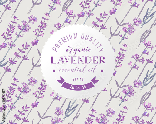 Round emblem with type design over hand drawn seamless pattern with lavender