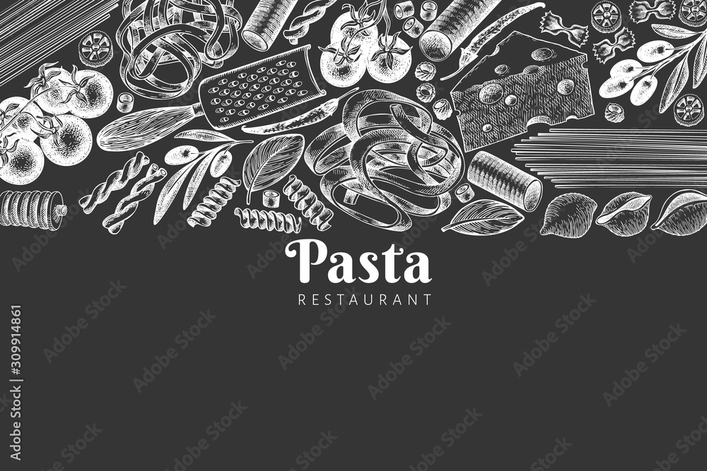 Italian pasta wits additions design template. Hand drawn vector food illustration on chalk board. Engraved style. Vintage pasta different kinds background. Italian pasta wits additions design template. Hand drawn vector food illustration on chalk board. Engraved style. Vintage pasta different kinds background.